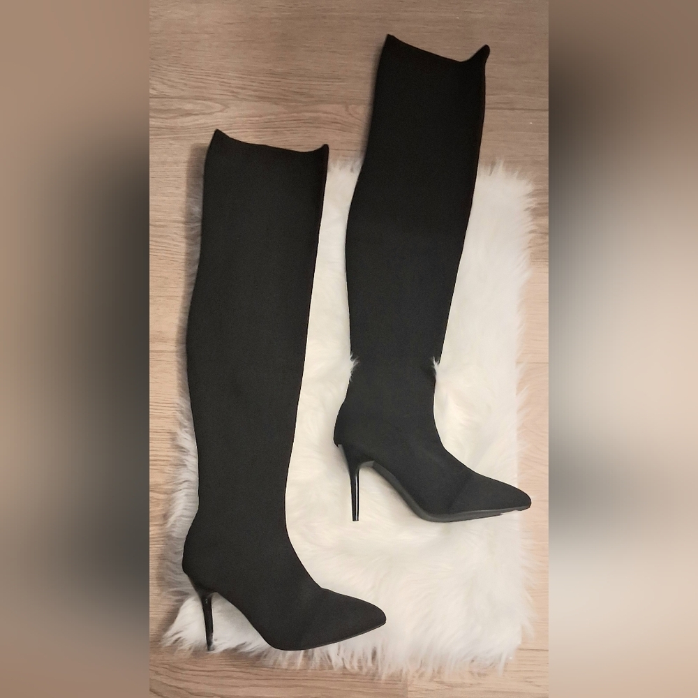 Black Over-the-Knee Pointed Stiletto Boots - Picture 1 of 7